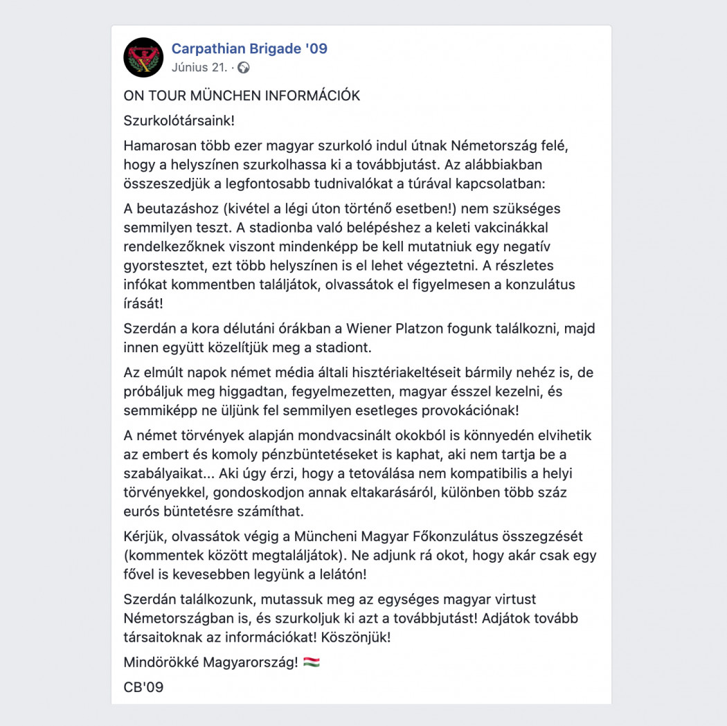 A Carpathian Brigade Facebook-posztja, melyben a „helyi törvényekkel nem kompatibilis” tetoválások eltakarását tanácsolják