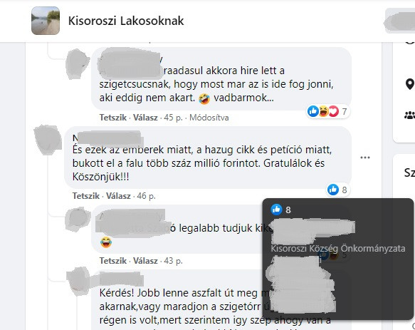 A kisoroszi önkormányzat hivatalos oldalának lájkjai a vadbarmozó és hazudozó kommentek alatt a helyi Facebook-csoportban.