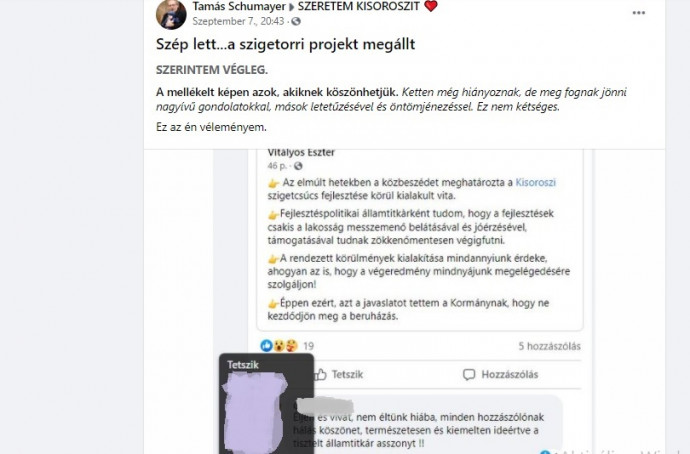 A kisoroszi kommunikációs szakértő posztja a helyi Facebook-csoportban azoknak a helyi lakosoknak a listájával (a neveket kitakartuk), akik belájkolták az államtitkár posztját a beruházás leállításáról.