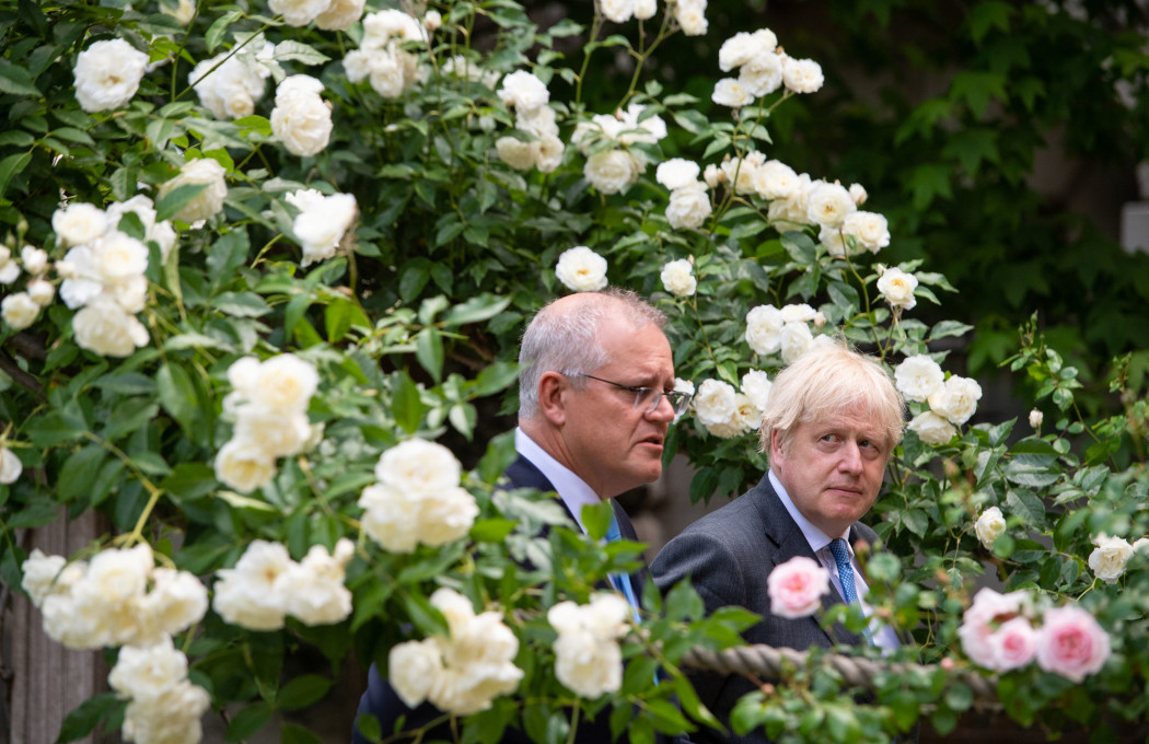 Scott Morrison és Boris Johnson találkozója Londonban 2021 júliusában – Fotó: Dominic Lipinski / WPA Pool / Getty Images