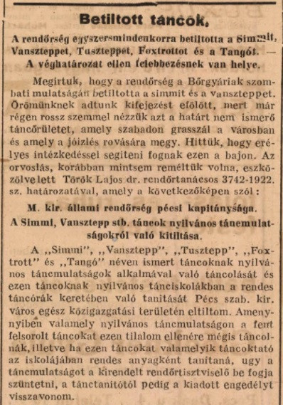 A Pécsi Lapok 1922-es cikke – Forrás: Arcanum