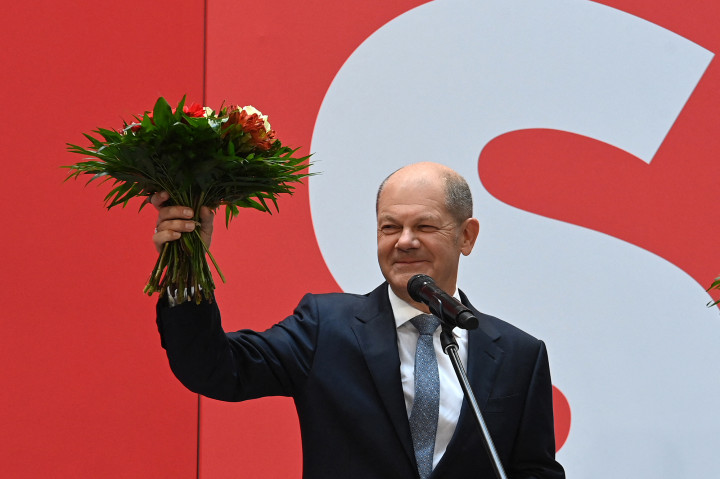 Olaf Scholz, az SPD kancellárjelöltje a párt sajtótájékoztatóján 2021. szeptember 27-én – Fotó: Christof Stache / AFP