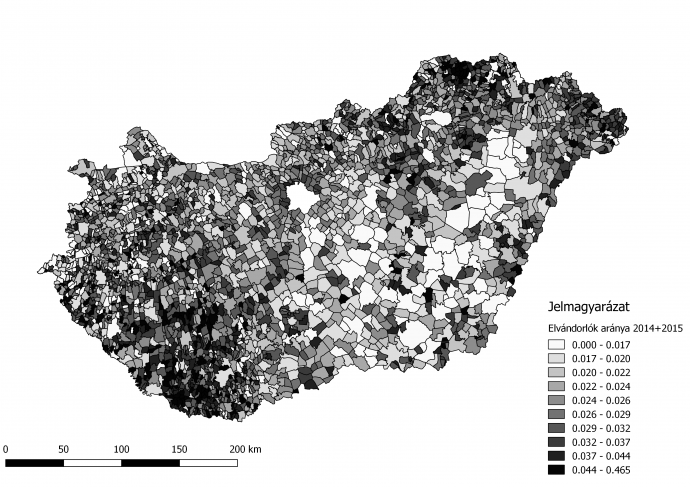 Az elvándorlás település szintű eloszlása Magyarországon 2014-2015-ben, Budapest kivételével. Adatok kalkulációja, térkép: Horzsa.