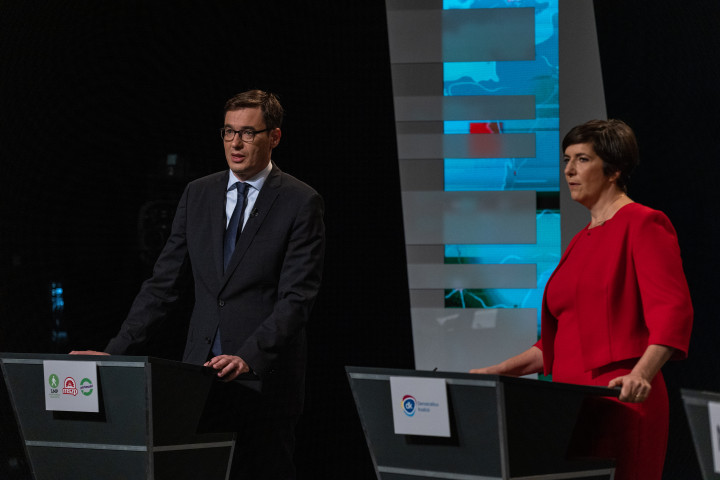 Karácsony Gergely és Dobrev Klára az RTL Klub által rendezett előválasztási miniszterelnök-jelölti vita előtt a televízió stúdiójában 2021 szeptember 24-én.
