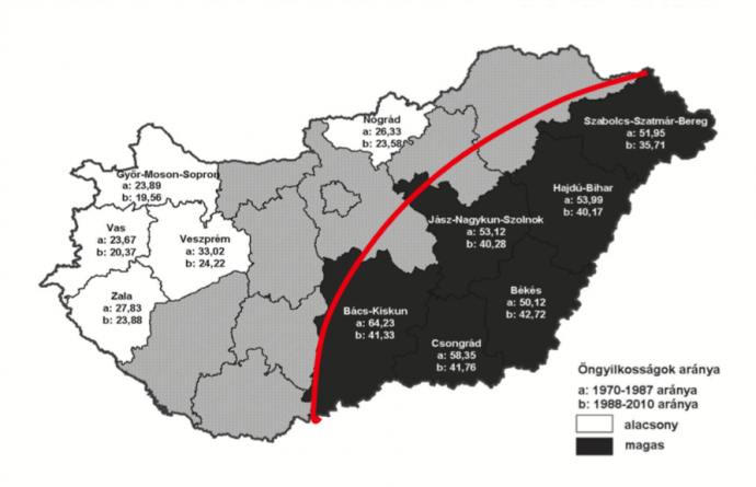 A százezer lakosra jutó öngyilkosságok száma Magyarország megyéiben 
