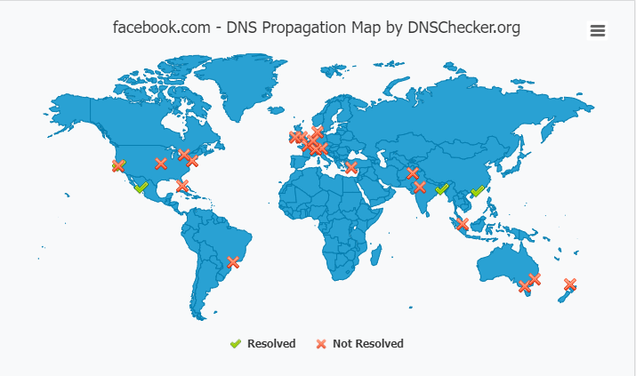 A Facebook szervereinek elérhetősége 2021. 10. 04-én 21:45-kor – Forrás: DNSchecker.org