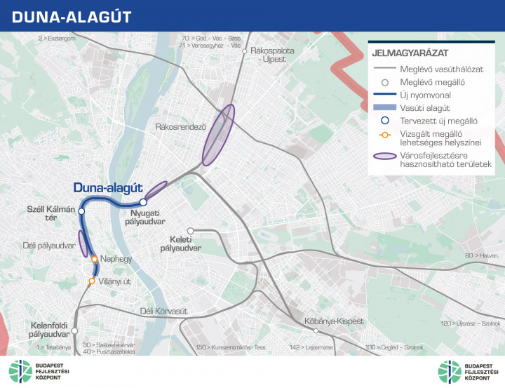 A vasúti Duna-alagút tervezett nyomvonala – Fotó: Budapesti Fejlesztési Központ