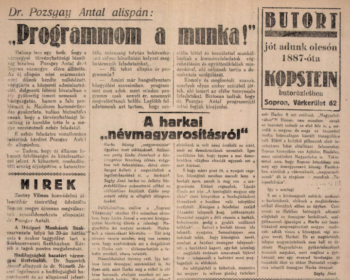 Forrás: Soproni Világosság, 1947. október 20. (2. évfolyam, 53–128. szám) / Arcanum Digitális Tudománytár
