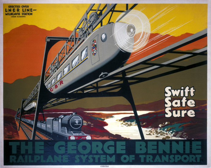 A London & North Eastern Railway (LNER) vasúttársaság posztere Bennie találmányához – Fotó: SSPL / Getty Images