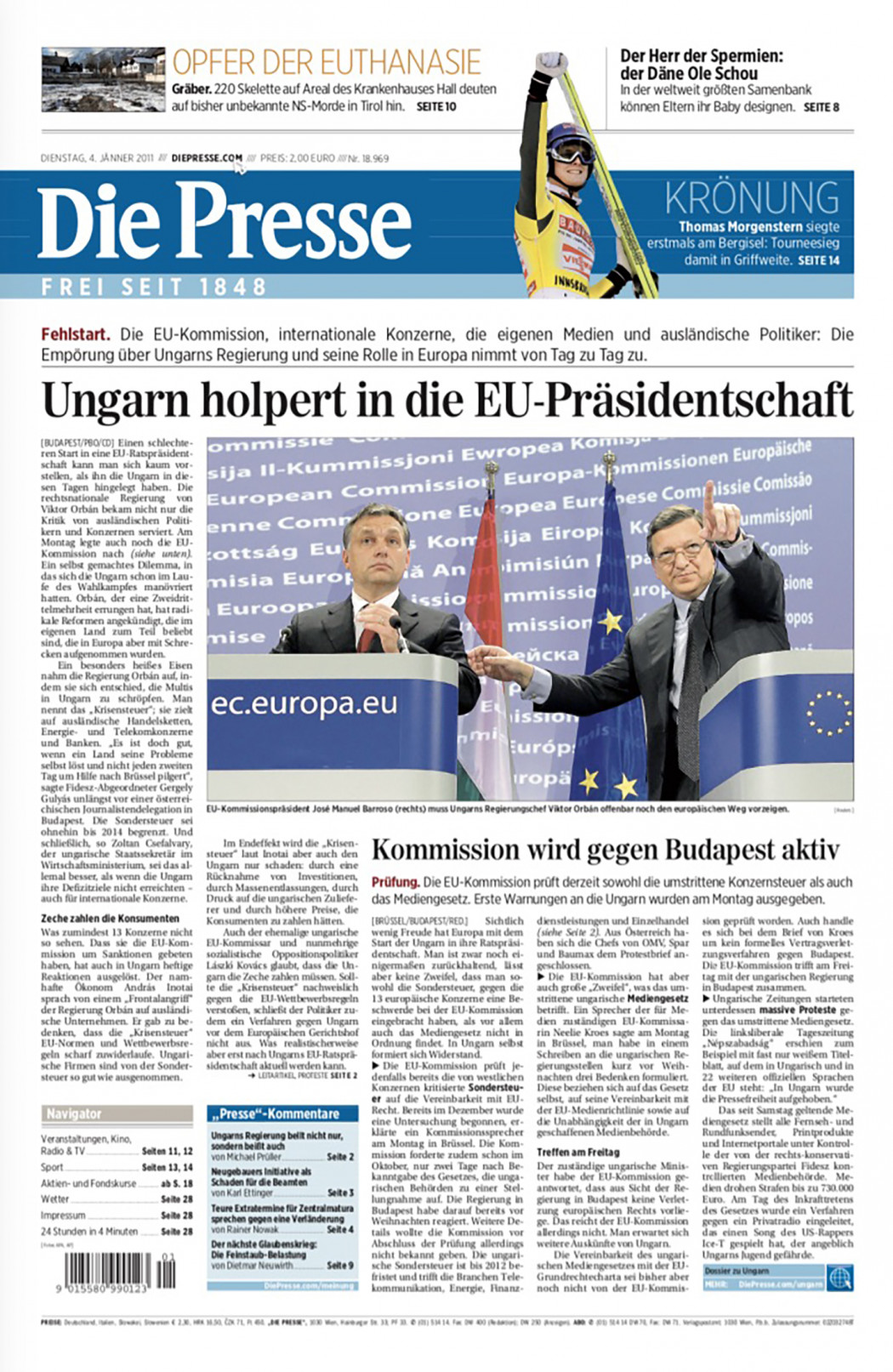 Orbán és az EU konfliktusáról szóló cikk az osztrák Die Presse lapban 2011-ből – Forrás: Die Presse / TranzPress
