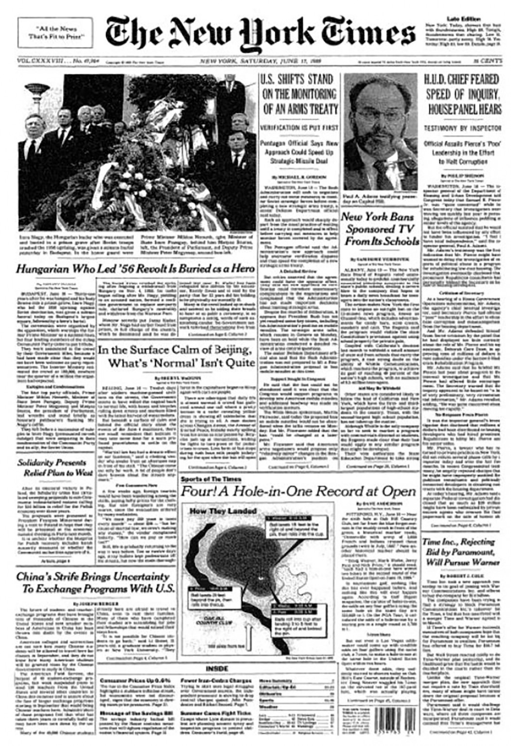 Cikk Nagy Imre újratemetéséről a The New York Times címlapjáról 1989-ből – Forrás: The New York Times / TranzPress