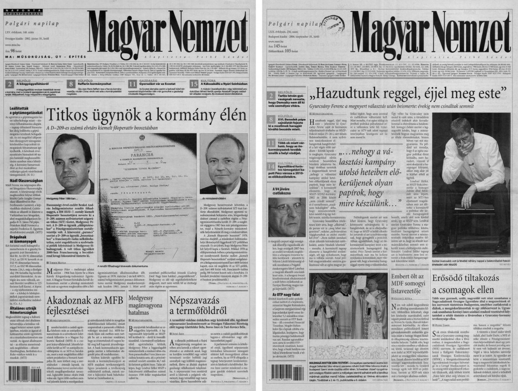 Headlines: “The secret agent leading the government” in 2002 and “Ferenc Gyurcsány: We lied morning, noon and night” in 2006. – Source: Magyar Nemzet, June 18, 2002 and September 18, 2006 / Arcanum Digital Science Library