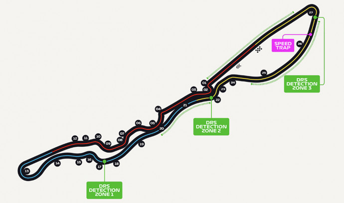 A dzsiddai F1-pálya vonalvezetése a három DRS-zónával – Forrás: Formula1.com