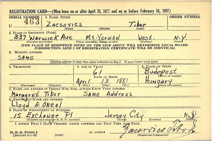 Zacsovics Tibor 2. világháborús sorozási regisztrációs kártyája, 1942 – Forrás: Vasváry-gyűjtemény, Somogyi-könyvtár, Szeged