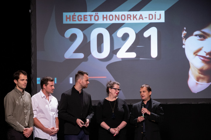 Telex's award-winning staff: Dániel Simor, János Bődey, Péter Lengyel-Szabó, Tímea Kolozsvári and Gergely Nyilas – Photo by Orsi Ajpek / Telex