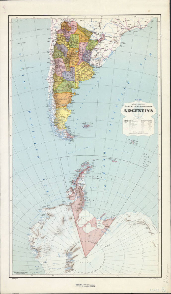 Az argentin országtérképeknél teljesen általános, hogy „Argentin Antarktiszt” is az az állam szerves részeként tüntetik fel. Itt egy 1961-es közigazgatási térkép. Forrás: American Geographical Society Library