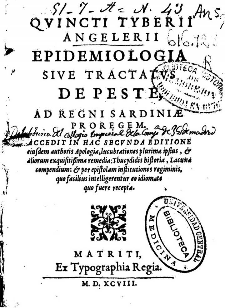 Quinto Tiberio Angelerio az 1582–83-as járvány történetét és intézkedéseit az Ectypa Pestilentis Status Algheriae Sardiniae című füzetben részletezi – Forrás: cdc.gov / Wikipedia