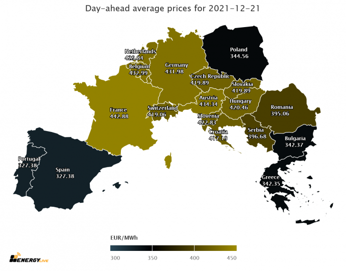 Európai áramtőzsdei árak 2021. december 21-én.