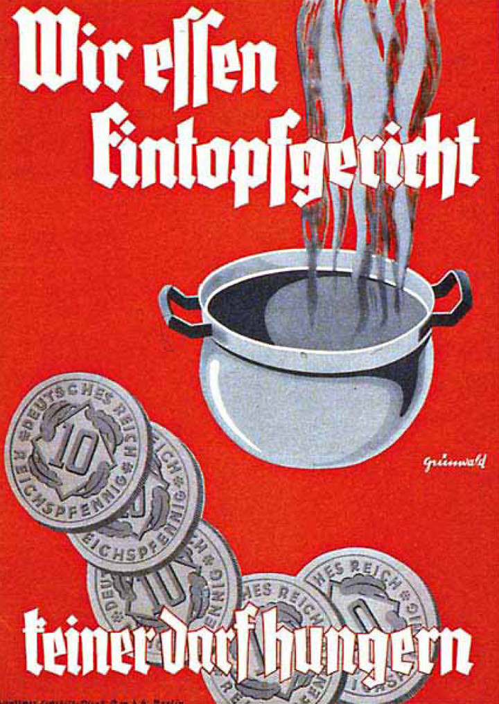 „Wir essen Eintopfgericht – keiner darf hungern” – az 1933 szeptemberében megjelent plakát szerint ha mindenki egytálételt eszik, senkinek sem szabad éheznie – Fotó: Museum im Kornhaus Bad Waldsee