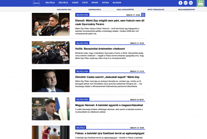 A Híradó.hu választási oldala 2021. január 19-én – Fotó: hirado.hu