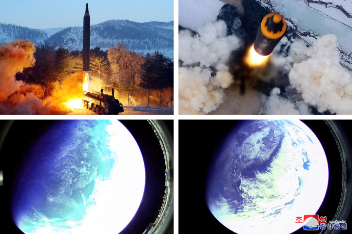 A január 30-án készült, 31-én nyilvánosságra hozott képek a Hvaszong 12-típusú rakéták indításáról, és a rakétákra erősített kamerák képe a Földről – Fotó: AFP PHOTO/KCNA VIA KNS
