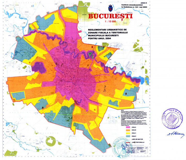 A négy bukaresti parkolási zóna. A legkülső kékben mostantól 300, a belső rózsaszínben 600 lej az éves parkolási bérlet ára. Kép: Bukarest Város Önkormányzata