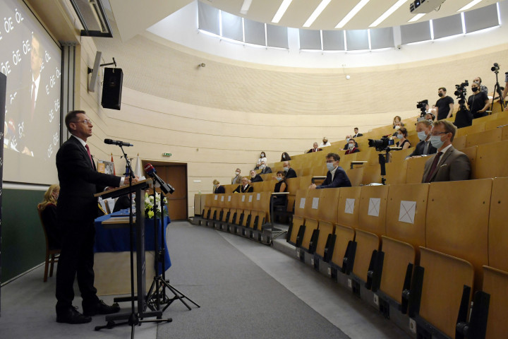  Mihály Varga (Minister of Finance) gives a speech at Óbuda University on August 31st, 2020. He is the head of the foundation maintaining the university – Photo: Kovács Tamás / MTI