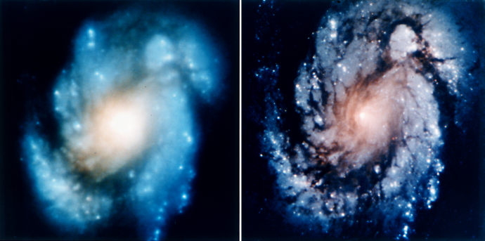 Az M100 galaxisról a Hubble űrtávcső által készített két kép, balra még a korai, homályos, jobbra a tükör javítása után készült, már éles verzió – Fotó: NASA