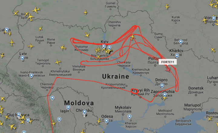 A Forte 11 amerikai drón útja Ukrajna felett 2022. február 16-án – Forrás: Flightradar.com