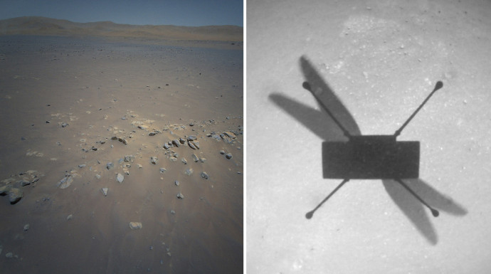 Az Ingenuity a bal oldali képet navigációs kamerájával, a jobb oldali képet pedig színes kamerájával készítette a 10. repülése során, 2021. július 24-én – Fotó: NASA / JPL-Caltech