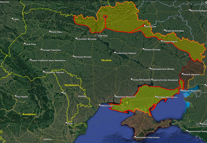 A sárgával színezett területek jelölik az orosz csapatok jelenlétét a kedd 22 órai állás szerint – Kép: Julian Röpcke / Twitter