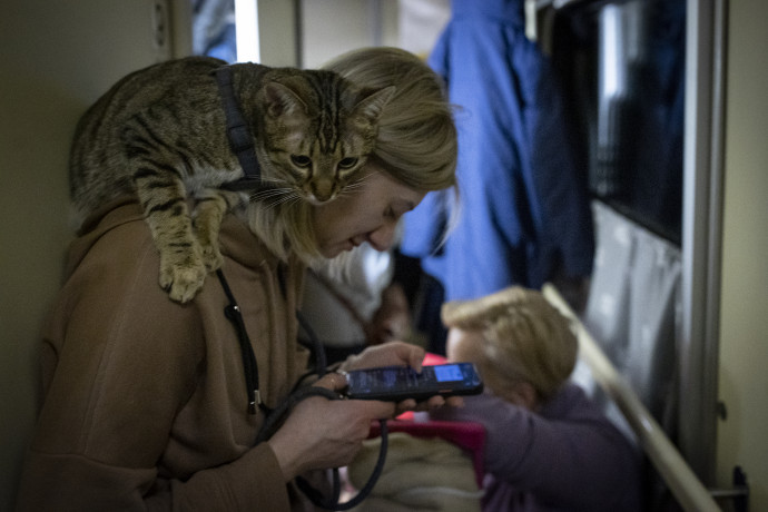 Egy menekülő nő figyeli a telefonját egy vonaton Ukrajnában 2022. március 2-án – Fotó: Huszti István / Telex