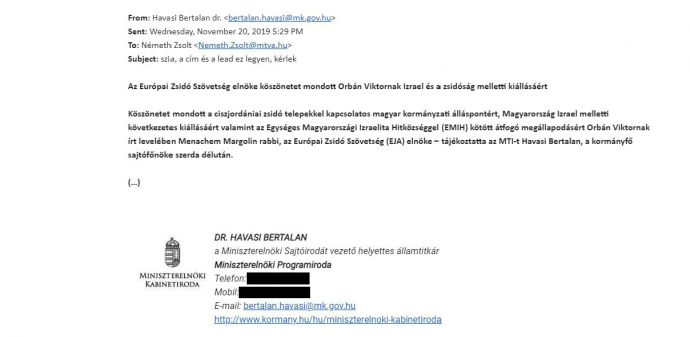  Bertalan Havasi's email sent to the national news agency, MTI