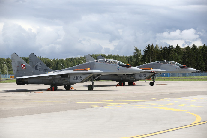 A lengyel légierő MiG–29-es vadászgépei a malborki 22. légi támaszponton 2021. augusztus 27-én – Cuneyt Karadag / Anadolu Agency via AFP