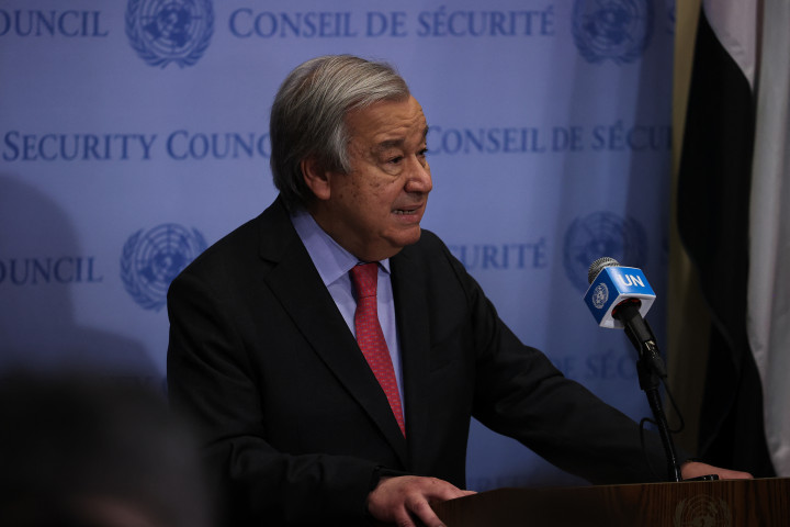 António Guterres ENSZ-főtitkár a New York-i sajtótájékoztatóján 2022. március 14-én – Fotó: Tayfun Coskun / Anadolu Agency via AFP