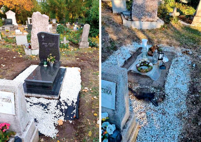 A sír eredeti állapota, majd miután elvitték róla a sírkövet – Fotó: a károsult felvétele