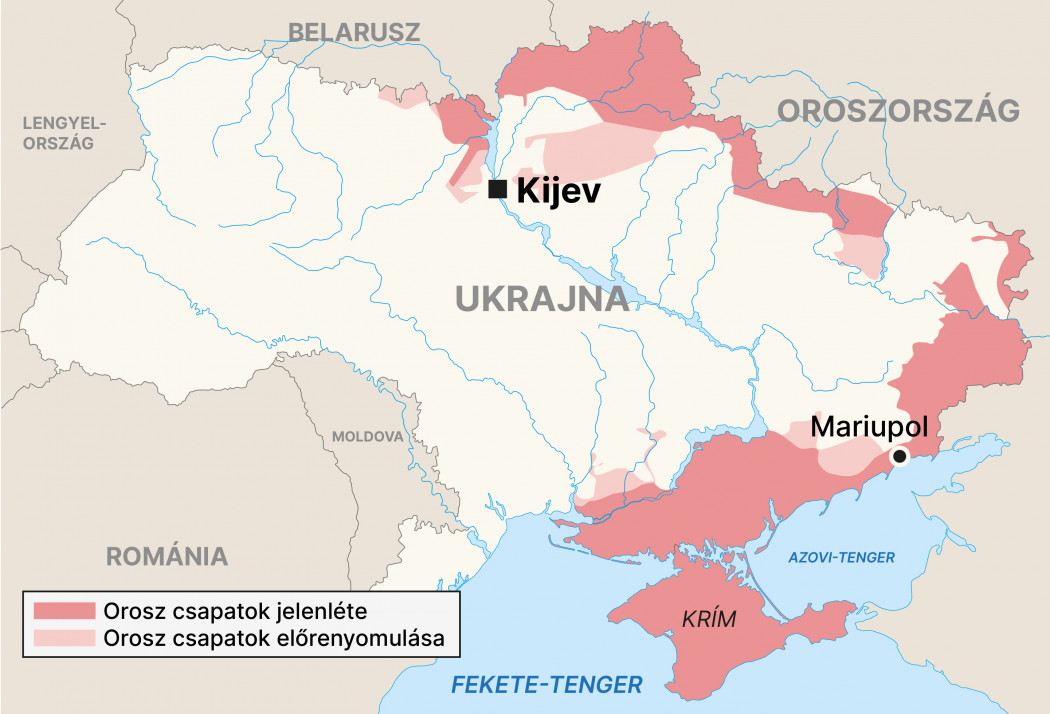 A 2022-es háborúban az oroszok előrenyomulása Ukrajnában március 21-i állapot alapján – Grafika: Telex.hu ; Forrás: BBC