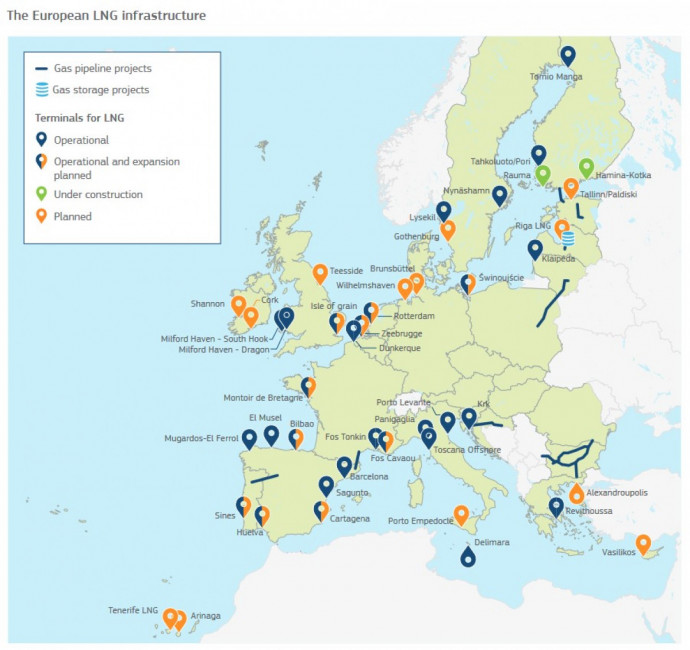 Az európai LNG-infrastruktúra a meglévő és tervezett terminálokkal, 2022 elején. Forrás: https://www.cleanenergywire.org/