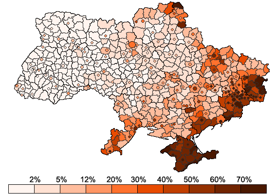Az orosz anyanyelvűek aránya Ukrajnában a legutóbbi, 2001-es népszámlálás alapján. Forrás: Wikipédia, készítő: Tovel. 