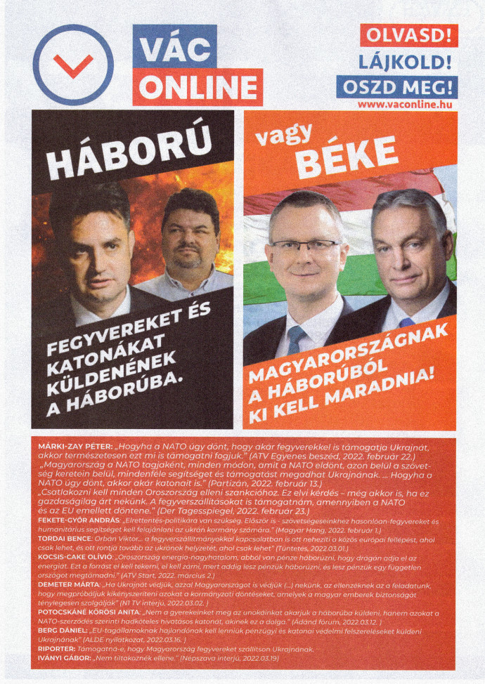A Vác Online ingyenesen terjesztett szórólapja, kísértetiesen a Fidesz-kampányhoz hasonló tartalommal – Fotó: Telex.hu