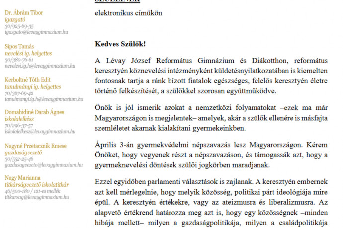 Iskolaigazgató buzdítja a szülőket: szavazzanak a kormány álláspontjával megegyezően a népszavazáson