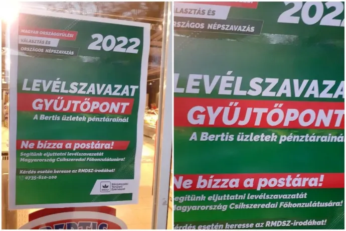 A háromszéki RMDSZ plakátjai Sepsiszentgyörgyön azt hirdetik az áruházak bejáratánál, hogy a Bertis üzletek pénztárainál is le lehet adni a levélszavazatokat – Forrás: Transtelex olvasó