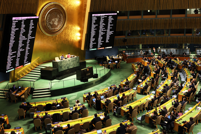 Oroszország felfüggesztéséről szóló szavazás eredménye az ENSZ közgyűlésében 2022. április 7-én – Fotó: Michael M. Santiago / Getty Images via AFP