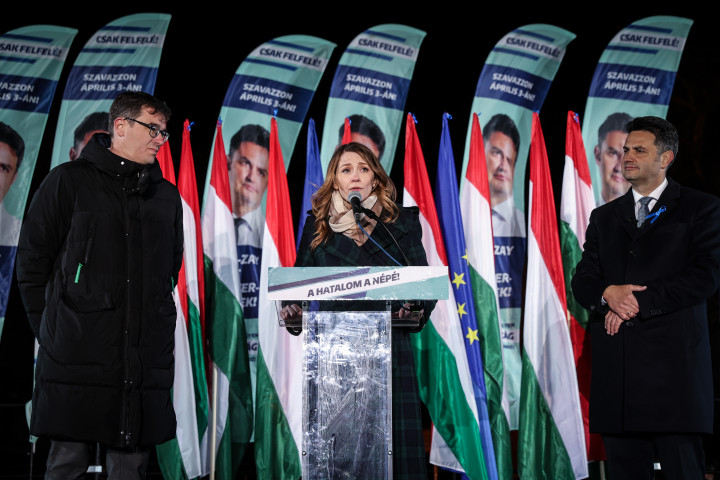 Donáth Anna a Fidesz győzelme után mondott beszéde az ellenzék eredményváró eseményén – Fotó: Huszti István / Telex
