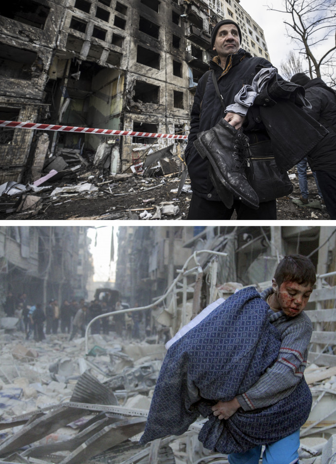 Az Anadolu és AFP hírügynökség által kiadott kombókép az ukrajnai orosz invázió során és a szíriai polgárháború idején készült képpekel. A felső fotón egy kijevi civil az épületek romjai között 2022. március 24-én, az alsón pedig aleppói civil a hordóbombás támadások után 2013. december 20-án – Fotók: Emin Sansar,Salih Mahmud Leyla / Anadolu Agency / AFP