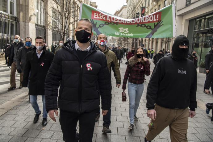 László Torockay at the protest organized against the government's measures introduced in response to the Covid-19 pandemic on 15 March 2021 Photo: János Bődey / Telex