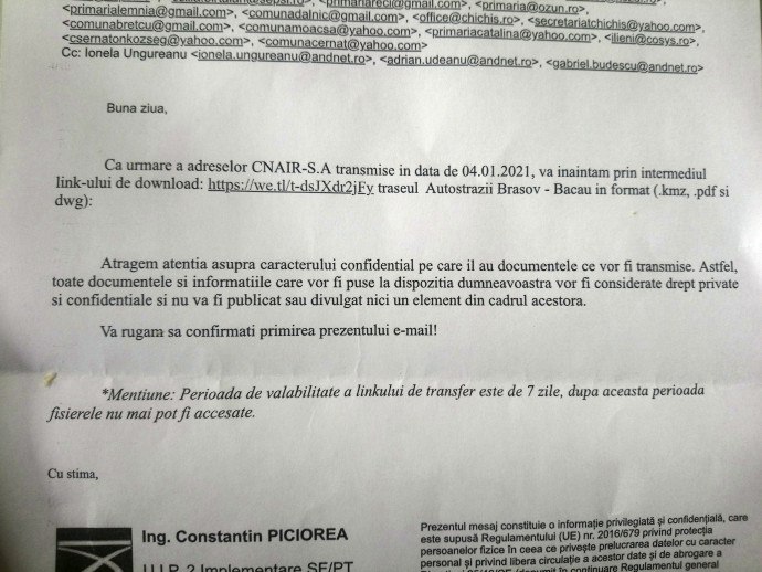 A CNAIR levele, amelyben figyelmeztet az információk bizalmasságára – Fotó: Kádár Kata/Transtelex