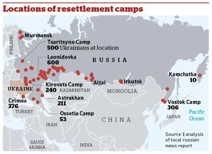 Az i oknyomozása szerint a piros pontokkal jelölt helyeken alakítottak ki szálláshelyeket az oroszok az ukránoknak – Forrás: inews.co.uk