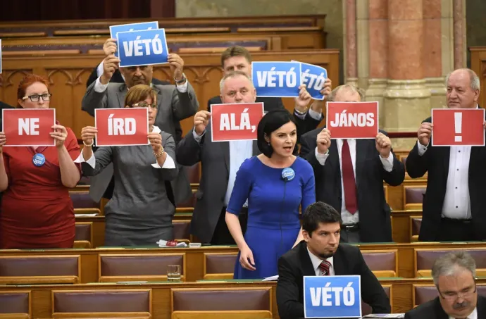 Opposition member Ágnes Kunhalmi speaking up for CEU in Parliament on 10 April 2017, while members of her group hold up signs which say 