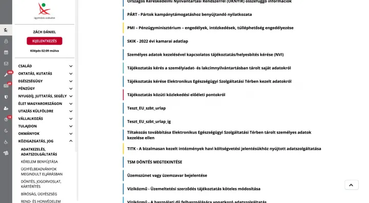 A képernyőfotón az ügyfélkapu felületén a lista közepén pirossal jelölve található a pontok számához vezető menüpont